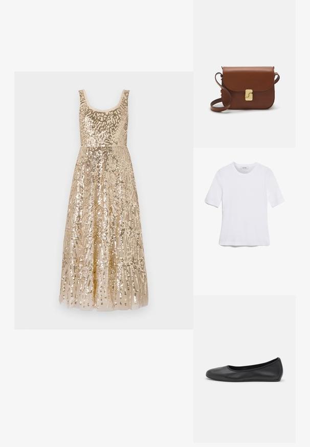 Bežna obleka s sequini in okroglo izreznico, okrašena z zapletenimi vzorci, z oblikovanim pasom, ki prehaja v dolgi krilo.; Bela kratka majica s kratkimi rokavi iz rebrastega materiala. Okrogla ovratnica, običajen kroj in subtilni šivi. Brez vzorcev ali grafik.; Črne usnjene balerinke z zaobljenim nosom, gladko teksturo, minimalnimi šivi in fleksibilno zasnovo podplata.; Rjava usnjena torbica s poklopcem, zlato obarvani okovi, naramnica in gladka tekstura. Kompaktna pravokotna oblika.