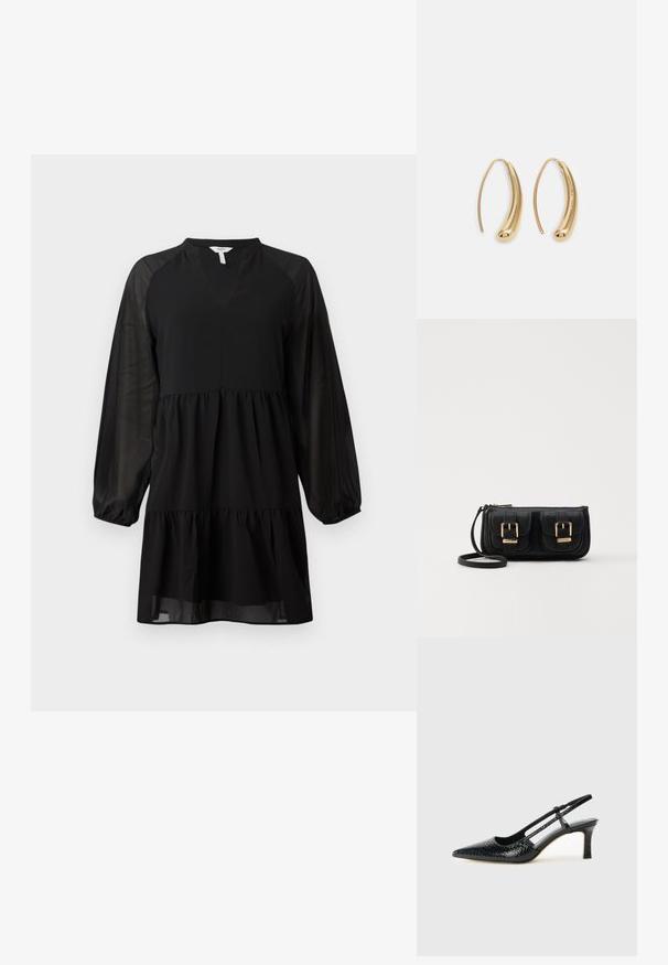 Musta mekko, jossa on V-kaula-aukko, pitkät läpikuultavat hihat ja kerroksellinen muotoilu. Valmistettu sileästä kankaasta, jossa on valuva siluetti.; Musta patent slingback-kiilakorko teräväkärkisellä muotoilulla, jossa on teksturoitu käärmeennahkakuosi, säädettävä remmi ja lyhyt, teksturoitu blokkiheel.; Musta nahkainen olkalaukku, jossa on kaksi etutaskua, kultaiset soljet, vetoketjukiinnitys ja kapea hihna. Teksturoidun pinnan ja kompaktin suorakaiteen muoto.; Korvakorut kultasävytteistä metallista, joissa on kaareva, pitkänomainen muoto. Ominaisuuksiin kuuluu sileä, kiiltävä pinta ja pyöreä kärki lisäyksinä.