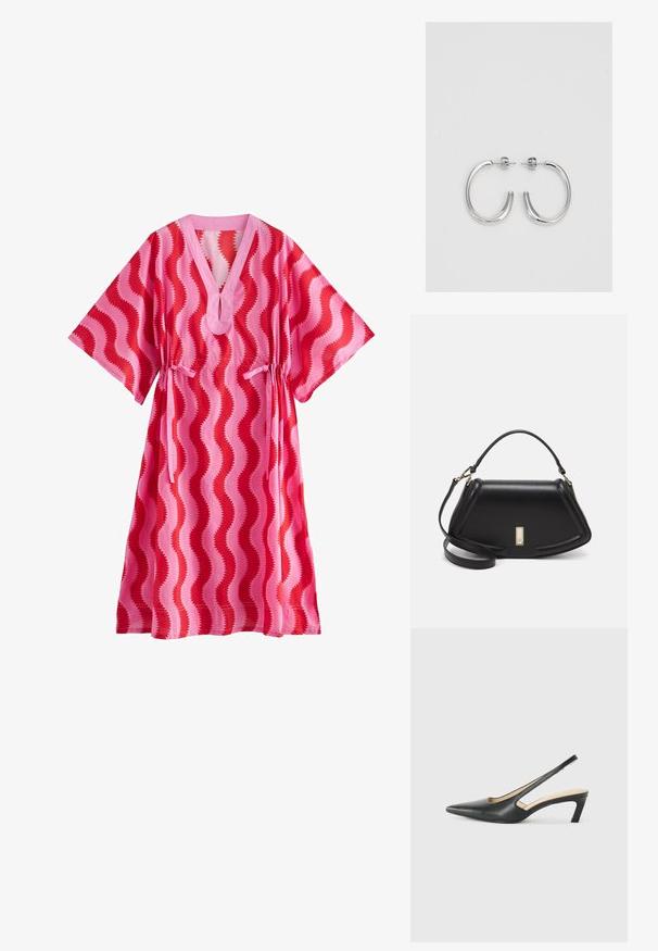 Cath Kidston KAFTAN - Vapaa-ajan mekko - pink red swirl print; Musta, kärjeltään terävä slingback-kengä, jossa on matala korko. Kengässä on sileä nahkamateriaali ja sivuilla leikkaukset hengittävyyttä varten.; Mustalla nahkalaukulla, jossa on jämäkkä muotoilu, lyhyt malli, yläkahva ja kultaiset yksityiskohdat. Säädettävä olkahihna sisältyy.; Hopehopeet hopehopeet hopehopeet hopehopeet, jolla on sileä, kiiltävä pinta. Pyöreä muoto, kevyt rakenne, jossa on neulakiinnitys.