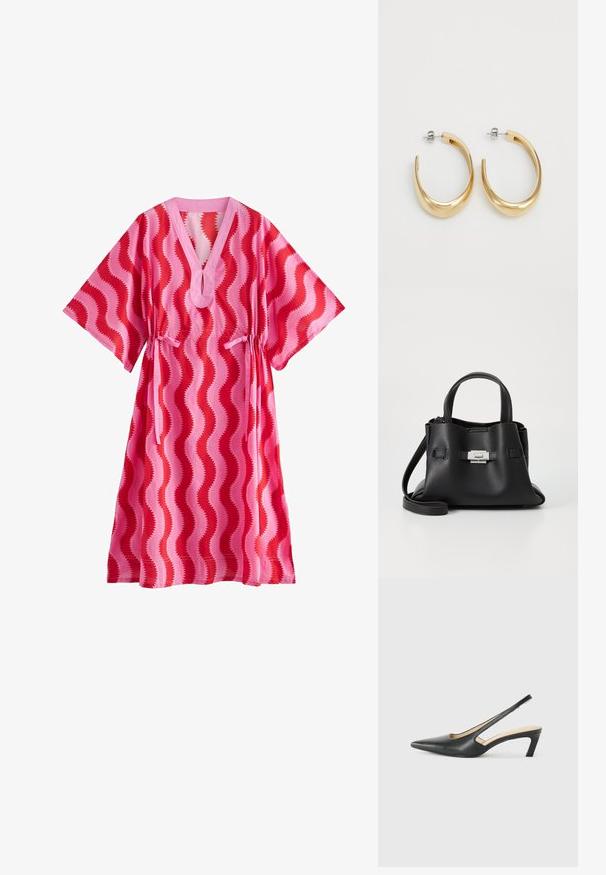 Cath Kidston KAFTAN - Rochie de zi - pink red swirl print; Pantof cu toc mic, cu vârf ascuțit și slingback, realizat din piele netedă, având un design decupat pe lateral pentru respirabilitate.; Geantă de mână din piele neagră cu o finisare texturată, având două mânere superioare, o curea de umăr detașabilă și un detaliu cu închidere din argint.; Cercei cercei de tip hoop de culoare aurie, cu un design neted și curbat. Fabricate din metal, având un finisaj elegant și închidere cu tijă.