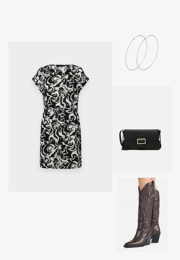 Crno-bijela haljina kratkih rukava s vrtlogom apstraktnog uzorka, strukirana, od mekanog materijala s opuštenim krojem.; Smeđe kožne kauboj čizme s šiljastim vrhom i blok-potpeticom, s detaljno izvezenim šavovima i uzdignutim naglascima na okovu.; Crna kožna clutch torbica s preklopom i zlatnim metalnim detaljem kopče. Uključuje crnu trakicu i elegantan, minimalistički dizajn.; Srebrne okrugle naušnice s minimalističkim dizajnom. Kružni oblik, glatka tekstura i tanak profil. Lagane s poliranim završetkom.
