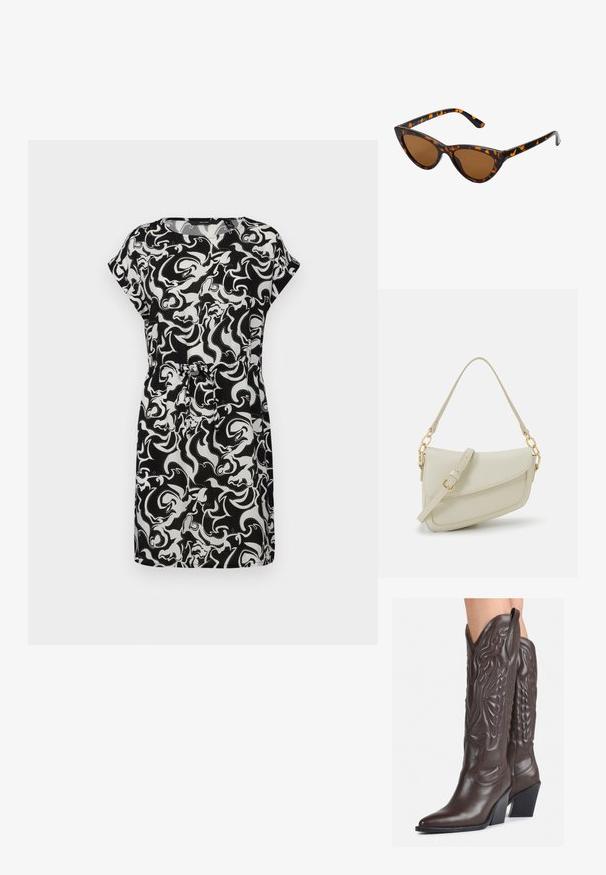 Rochie scurtă cu mânecă scurtă, alb-negru, cu un model abstract spiralat, talie strânsă și material moale cu o croială lejeră.; Bocanci de cowboy din piele maro, cu vârf ascuțit și toc pătrat, având cusături detaliate și accente ridicate pe tijă.; Ochelari de soare în stil cat-eye, cu o ramă din material cu tortoiseshell negru și portocalie, lentile maro și vârfuri elegante, ascuțite. Prezintă un logo minimal pe brățara ochelarilor.; Geantă mică de crem cu un finisaj texturat, curea lungă și ajustabilă, accent cu lanț și închidere cu clapetă. Detalii din hardware aurie.