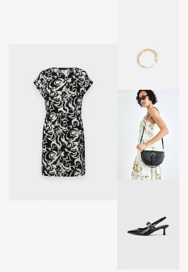 Mustvalge lühikeste varrukatega kleit, millel on keerduv abstraktne muster, tõmmatud talje ja pehme kangas, millel on mugav lõige.; Mustad patenteeritud nahast sildiga kontsad, millel on terav nina ja väike plokk-konts, mille rihmal on hõbedane pandla aksessuaar.; Mustmust mustraha kõverate joontega, eemaldatava rihmaga ja kuldsete detailidega. Kotil on klapp, millel on pandladetail.; Kuldtoonis sõrmus, millel on orgaaniline, keerdunud disain sileda tekstuuri ja kitsenevate otstega, luues kaasaegse skulptuurilise välimuse.