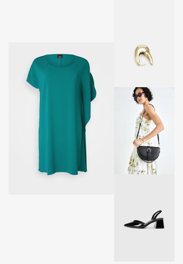 Zaļganā kleita ar apaļu kakla izgriezumu, īsām piedurknēm un brīvu piegriezumu. Izgatavota no gludas, vieglas auduma ar plūstošu siluetu.; Melna lakota āda ar atvērto papēdi, ar smailu purngalu un ģeometrisku blokpapēdi. Iezīmējas elegants, minimāls dizains un gluda tekstūra.; Melnas ādas rokassoma ar izliekta formu, noņemamu siksnu un zelta aksesuāriem. Somai ir vāciņš ar sprādzes detaļu.; Zeltīti metāla auskari ar gludu, izliekta dizaina. Ar atšķirīgu smailu formu, pulētu virsmu un eņģu aizdari.