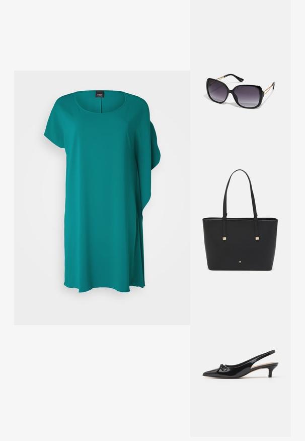 Tirkizna haljina s okruglim izrezom, kratkim rukavima i slobodnim krojem. Napravljena od glatkog, laganog materijala s lepršavim siluetom.; Crne lakirane kožne cipele sa remenom oko pete, šiljastim vrhom, malim potpeticom i dekorativnom mašnom na prednjem dijelu. Ukupno glatka tekstura.; Crne prevelike sunčane naočale s gradijentnim lećama, debelim okvirom i zlatnim lancem kao detaljem na krakovima.; Crna torba od sintetičkog materijala, s jednostavnim pravokutnim dizajnom, zlatnim kvadratnim detaljima i dvostrukim ručkama.
