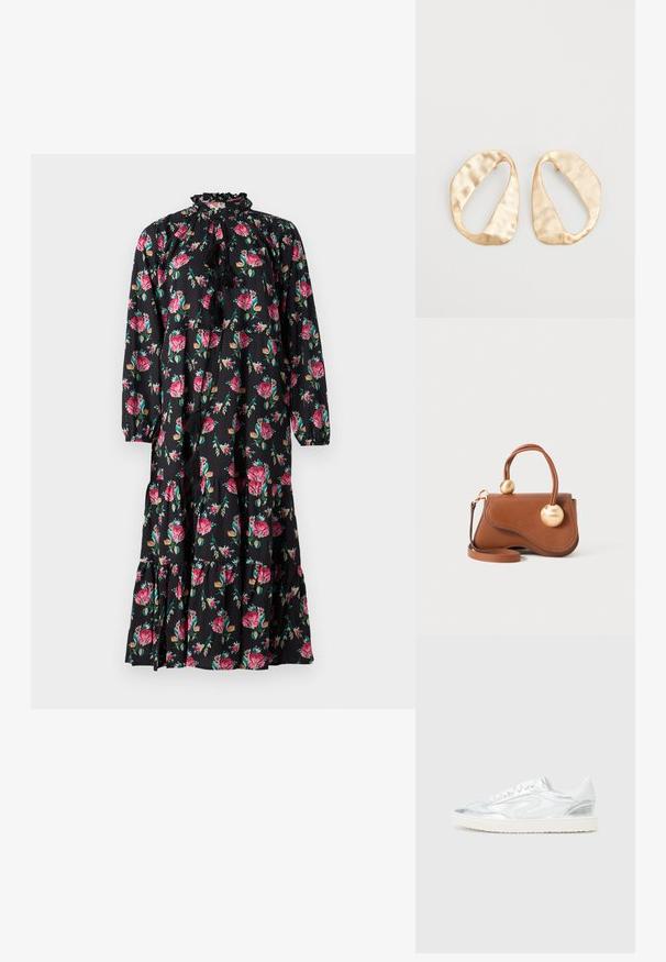 Cvečna maksi obleka v črni barvi s pink vrtnicami in zelenimi listi. Ima nabran ovratnik, dolge rokave in obliko večplastne krila.; Bele superge z metalnimi srebrnimi detajli, gladke teksture, okrogel nos, raven podplat in tradicionalna vezalna zasnova.; Rjava usnjena torbica z valovitimi vzorci, opremljena z dvema krožnima zlatima detajloma in snemljivim naramnim trakom za vsestransko nošenje.; Par nenavadno ovalnih zlatih metalnih uhani s teksturirano, rahlo udarjeno površino na belem ozadju.