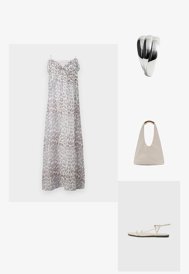 Baum und Pferdgarten ALVINE - Dolga obleka - grey; Beige ravne sandale z več tankimi trakovi in nastavljivim zaponcem. Podplat je raven z rahlo temnim kontrastom na robu.; Svetlo siva usnjena torba z U-oblika zasnovo in ukrivljenim kovinskim ročajem. Gladka tekstura z minimalnim šivom in brez vidnih vzorcev.; Kovinski prstan s poliranim srebrnim zaključkom, ki vsebuje tri prepletene ukrivljene sekcije, kar ustvarja gladko in skladno obliko.