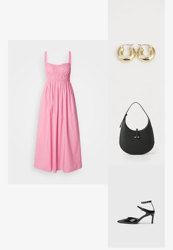 Ilga rožinė suknelė pagaminta iš medvilnės, su sukauptu bodiu, plonomis petnešomis ir laisvai krentančia sijonu, suteikiančia jaukų jausmą.; Juodos lakinės odos aukštakulnės su smailiu koja, reguliuojamais kulkšnies dirželiais ir lieknu kulnu. Lygus paviršius su blizgiu apdaila.; Juodas odinis peties krepšys su kreiva siluetu, papuoštas auksinės spalvos aparatūra ir tekstūruotu paviršiumi.; Auksinės auskarų lankeliai su lygiu, suapvalintu dizainu ir blizgiu paviršiumi, turintys užsegimą. Išgraviruota "DKNY."