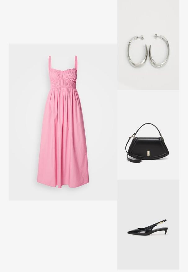 Pitkä vaaleanpunainen puuvillamekko, jossa on ryhmitelty yläosa, ohuet olkaimet ja valuva hame, joka takaa mukavan istuvuuden.; Mustat nahkaiset slingback-korkokengät, joissa on terävä kärki, ohuet korot ja kultasävytteinen yksityiskohta säädettävässä hihnassa. Silkkinen pinta.; Mustalla nahkalaukulla, jossa on jämäkkä muotoilu, lyhyt malli, yläkahva ja kultaiset yksityiskohdat. Säädettävä olkahihna sisältyy.; Hope hopeista, joissa on sileä, kaareva muotoilu. Varustettu kiiltävällä metallipinnoitteella ja nappikiinnityksellä. Ei näkyviä kuvioita tai koristeluja.