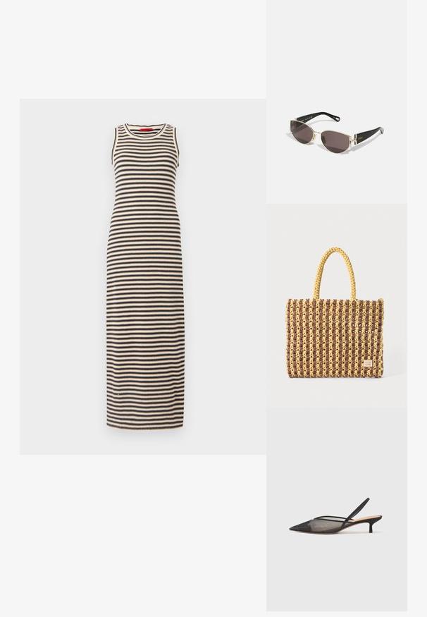 Dryžuota maxi suknelė, pasižyminti prigludusia forma, be rankovių stiliumi ir apvaliu kaklu. Spalvos: juoda ir smėlinė, horizontaliomis juostomis.; NEOUS IRENA - Klasikiniai aukštakulniai - black; Juodos ir aukso spalvos saulės akiniai su siauru ovaliu rėmu, tamsiais objektyvais ir dekoratyviais elementais ant šventyklų. Lengvas ir elegantiškas dizainas.; Ruda ir geltona audinio rankinė, turinti stačiakampį formą, dvi rankenas ir tekstūruotą paviršių su matomais siūlėmis bei prekių ženklu.