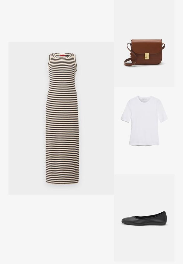 Vestido maxi riscado com um design ajustado, estilo sem mangas e decote redondo. As cores incluem preto e bege em riscas horizontais.; T-shirt de manga curta branca feita de tecido canelado. Decote redondo, ajuste regular e detalhes de costura subtis. Sem padrões ou gráficos.; Bailarina preta em pele com bico arredondado, textura suave, detalhe de costura minimalista e design de sola flexível.; Bolsa de couro castanho com fecho de aba, decoração em tom dourado, alça de ombro e textura suave. Formato retangular compacto.