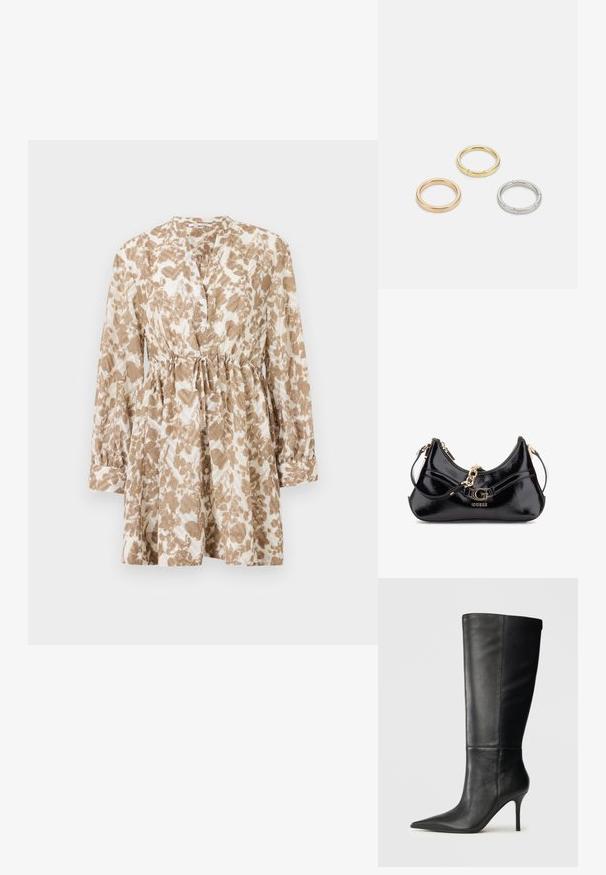 Pruun ja kreemjas mustriga kleit, millel on pikad varrukad, ümar kaelus, nupuvärke ja kinnituspael, mis võimaldab reguleerida figuuri.; Mustad nahast kuni põlveni ulatuv saabas terava ninaga ja kitsa tikk-kandaga, siledate tekstuuriga, külgprofiil neutraalsel taustal.; Mustmust mustkott, millel on kaardus disain, kuldsed detailid ja silmapaistev logo. Sisaldab eemaldatavat õlavarre rihma.; Kolme metallist rõngast: üks roosa kuld, üks kuld tekstuursete aktsentidega ja üks hõbe, kõik sisepoolt graveeritud brändinguga.