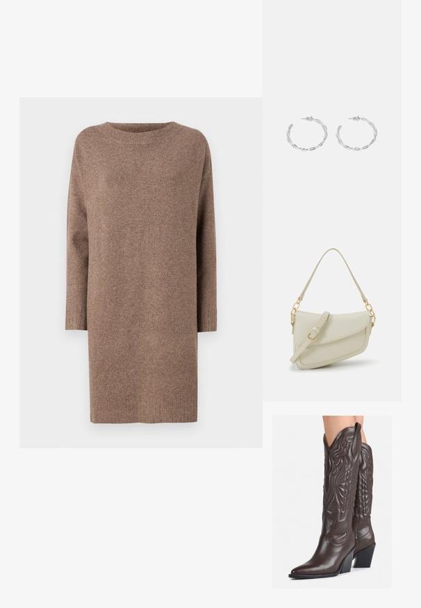 Brūna adīta kleita, ar apaļu kakla izgriezumu un trim ceturtdaļām garām piedurknēm. Mīksta faktūra ar ribotu piedurkņu un apakšmalu.; Brūni ādas kovboju zābaki ar norādītu purngalu un blokveida papēdi, ar detalizētu šūšanu un paceltiem akcentiem uz kājas daļas.; Maza krēmkrāsas rokas soma ar teksturētu apdari, garu regulējamu siksniņu, ķēdes akcentu un vāciņa aizdari. Zelta aparatūras detaļas.; Sudraba gredzenveida auskari ar savītu dizainu, kas ir ar pulētu apdari un ar aizmugurēju fiksāciju. Izmērs ir aptuveni 3 cm diametrā.