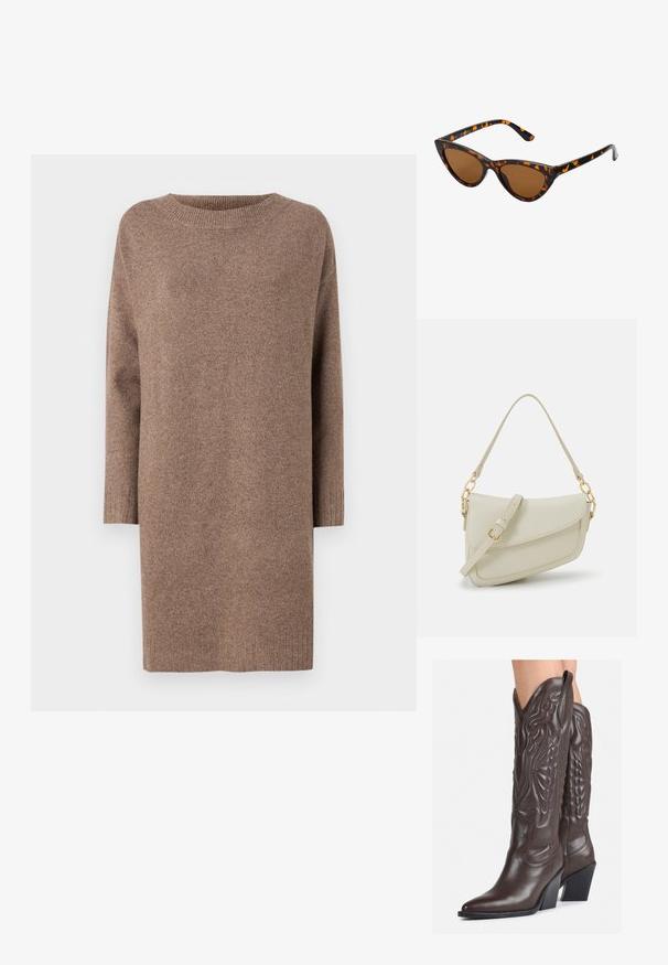 Abito in maglia marrone, con scollatura rotonda e maniche a tre quarti. Tessuto morbido con polsini e orlo a coste.; Stivali da cowboy in pelle marrone con punta affusolata e tacco a blocco, caratterizzati da dettagliati ricami e accenti rialzati sul gambale.; Occhiali da sole cat-eye con una montatura tartarugata nera e arancione, lenti marroni e punte affusolate e eleganti. Presentano un logo minimale sulla asta.; Piccola borsa a tracolla crema con finitura testurizzata, una lunga tracolla regolabile, un accento a catena e chiusura a patta. Dettagli in hardware dorato.