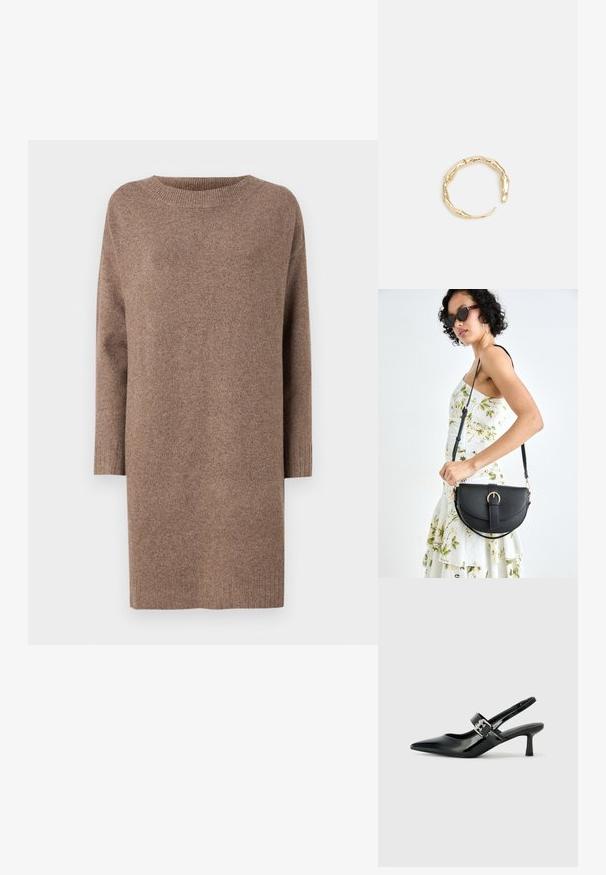 Ruda megzta suknelė, turinti apvalią iškirptę ir trijų ketvirčių rankovėmis. Minkšta tekstūra su banguotomis rankogaliais ir apačia.; Juodai lakuoti slingback aukštakulniai su smailiu kojų pirštu ir mažais blokiniais kulniukais, su sidabro sagtimi ant dirželio.; Juodas odinis krepšys su išlenkta forma, nuimamu dirželiu ir auksiniais detalėmis. Krepšys turi kilpą su sagtimi.; Auksinės spalvos žiedas, turintis organišką, sukimosi dizainą su lygiu paviršiumi ir siaurėjančiais galais, sukuriantis modernią skulptūrinę išvaizdą.