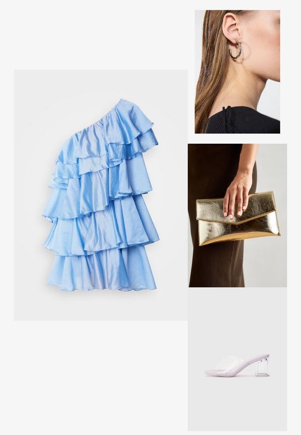 Világoskék, egy vállon viselhető ruha, amely érzékeny anyagból készült, több réteg fodorral és puha, fényes textúrával rendelkezik.; Orgonaszínű sarkú mules világos műanyag felsőrészsel és átlátszó blokk sarokkal. Simaság jellemzi, nyitott orrú dizájn, minimalista forma.; Arany fémes clutch táska sima textúrával, háromszög alakú csattal. A kéz, amely tartja, szépen manikűrözött körmökkel rendelkezik.; Ez egy ezüst fülbevaló, sima felülettel, amelyen apró arany díszítőelemek találhatók. Kerek formájú és a fülcimpán viselik.