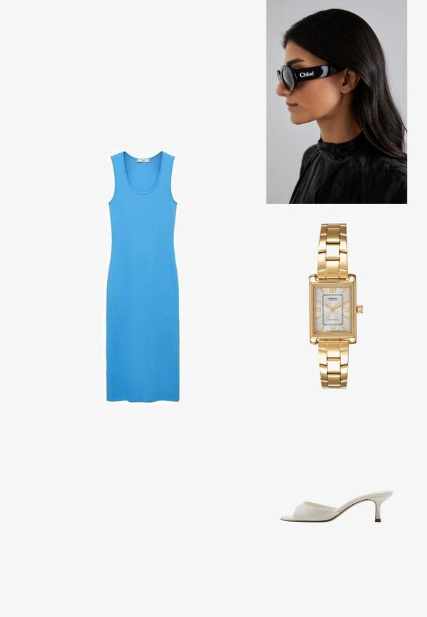 Modrá tanková šaty vyrobené z hladkej, elastickej látky, s výstrihom do véčka a priliehavým strihom po členky. Žiadne viditeľné vzory ani kovové súčiastky.; Biele sandále na vysokom podpätku otvorené na špičke s hladkým povrchom, minimalistickým dizajnom a štíhlym podpätkom, s jemným hnedým akcentom na podrážke.; Čierne slnečné okuliare s okrúhlymi šošovkami a odvážnymi, ostrými rámami, na boku so značkou "Chloé" napísanou bielou farbou. Hladký, lesklý povrch.; Zlatý obdĺžnikový náramkový hodinky s bielym ciferníkom, striebornými indexmi a odolným kovovým náramkom. Obsahuje vodoodolnú funkciu.