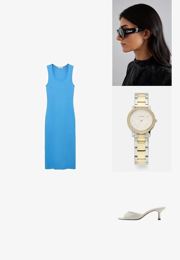 Modra obleka brez rokavov iz gladkega, raztegljivega materiala, s krojenjem na dno in z golejšim izrezom. Brez vidnih vzorcev ali dodatkov.; Bele odprte visoke petke z gladko površino, minimalističnim oblikovanjem in vitko peto, ki ima subtilen rjav odtenek na podplatu.; Črne sončna očala z okroglimi lečami in drzno, kotasto okvirje, na katerem je na strani belo napisano blagovno znamko "Chloé". Gladek, sijajen zaključek.; Krožna ura iz nerjavečega jekla s srebrno in zlato kovinsko povezavo. Bela številčnica ima zlate akcentne in bezel, okrašen s kristali.