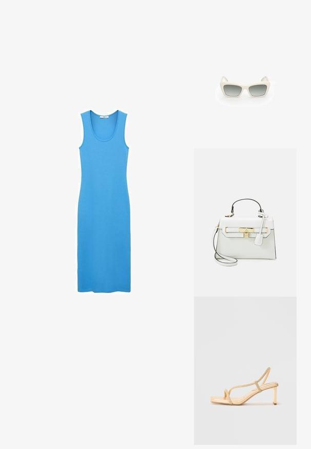 Blå tankklänning i mjukt, stretchigt tyg, med en rundad halsringning och en figurnära, ankellång design. Inga synliga mönster eller detaljer.; Guldstrappy högklackad sandal med dekorerade remmar, fyrkantig tådesign och en tunn klack för stabilitet.; Solenglasögon med katterdesign, vit plastbåge, grå gradientlinser och tunna glasögonstänger med subtil märkeskänsla.; Vit handväska med krokodilstruktur, guldhardware, handtag upptill och avtagbar axelrem; har låsöppning och en minimalistisk design.