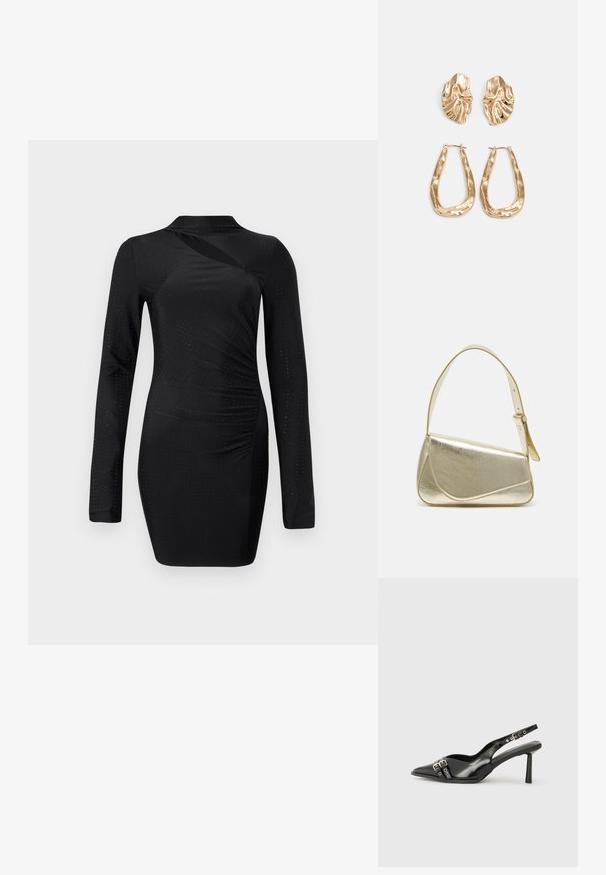 Crna haljina dugih rukava s pripijenim siluetom, koja se odlikuje preklopnim dizajnom, teksturiranim materijalom i suptilnim točkastim detaljima kroz cijelu haljinu.; Crna lakirana slingback cipela s izduženim vrhom, remenčićima oko gležnja s srebrnim kopčama i dijelovima, te vitkim potplatom.; Zlatna metalna torba s uređenim dizajnom, glatkom teksturom i podesivim remenom. Ima jedinstven trokutasti oblik i minimalističko šivanje.; Naušnice zlatne boje s teksturiranim, valovitim oblicima. Uključuju skulpturalne kopče i dizajn otvorene kružnice s kovanom završnom obradom.