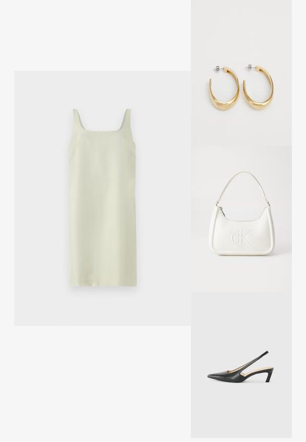 Vihreä ilman hihoja oleva mekko, jossa on neliön muotoinen kaula-aukko, sileä pinta ja minimaalinen muotoilu; sisältää huomaamattomat sivusaumat ilman lisäkoristeluja.; Musta, kärjeltään terävä slingback-kengä, jossa on matala korko. Kengässä on sileä nahkamateriaali ja sivuilla leikkaukset hengittävyyttä varten.; Valkoinen nahkalaukku, jossa on kaareva muotoilu, etupuolella kohokuvioitu "CK" -logo ja yksi olkahihna. Vetoketjukiinnitys ylhäällä.; Kultaiset rengas korvakorut, joilla on sileä, kaareva muotoilu. Valmistettu metallista, jossa on tyylikäs viimistely ja takana kiinnitettävä suljenta.