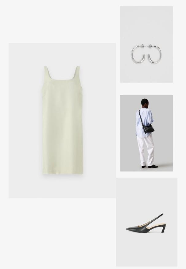 Gaiši zaļa bezpiedurkņu kleita ar kvadrātveida dekoltē, gludu tekstūru un minimālu dizainu; ar izteiktiem sānu šuvēm un bez papildu rotājumiem.; Melna, ar smailu purngalu, slingback kurpe ar zemu papēdi, izgatavota no gludas ādas materiāla un ar izgriezumiem sānos gaisa caurlaidībai.; Melna ādas plecu soma ar mīkstu tekstūru, trīsstūra formu un regulējamu siksnu, apvienota ar gaiši zilu svītrotu krekli un baltām biksēm.; Sudraba riņķveida auskari ar gludu, spīdīgu apdari. Apaļas formas, viegla dizaina, ar aizdari uz stieples.