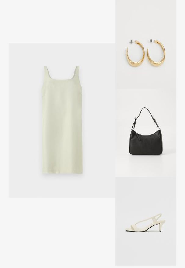 Svijetlozelena haljina bez rukava sa kvadratnim izrezom, glatke teksture i minimalnog dizajna; sadrži suptilne bočne šavove bez dodatnih ukrasa.; Bež sandale na blok petu s tankim remenčićima i kvadratnim vrhom. Glatki materijal s minimalnim detaljima, dizajnirane za jednostavno nošenje.; Crna kožna torba s zakrivljenim oblikom, jednim remenom, zatvaranjem na patentni zatvarač i suptilnim brendiranjem sprijeda. Glatka tekstura, minimalistički dizajn.; Zlatne okrugle naušnice s glatkim, zakrivljenim dizajnom. Izrađene od metala, s elegantnom završnom obradom i zatvaranjem na iglu.