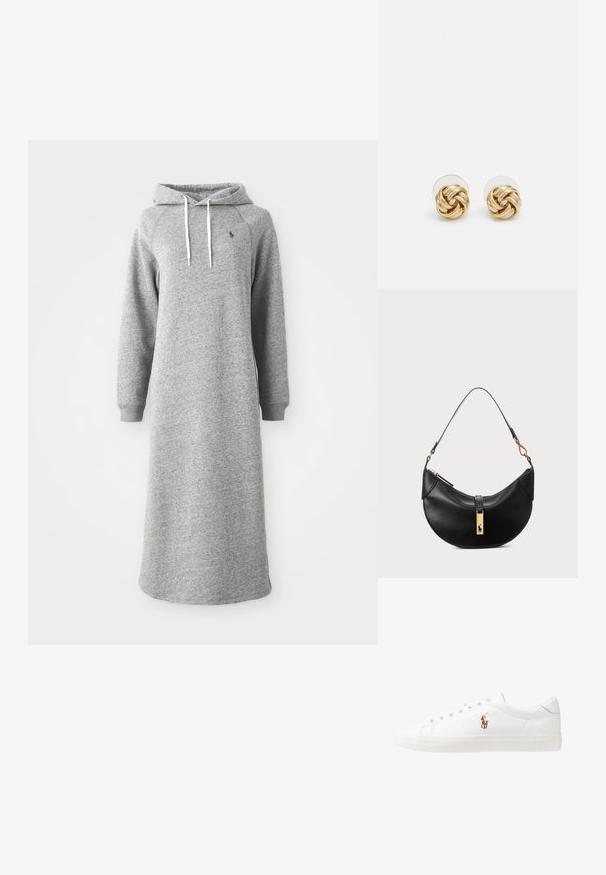 Hallhalli kootel dress pehmest kangast, pikema mudeliga, pikkade varrukatega ja kenguru taskuga. Dekoratiivsed valged paelad kapuutsil.; Valged nahast tossud, madala ülaservaga disain, millel on sile tekstuur, ümar varvas, nööridega esiosa ja väike tikand logoga küljel.; Must musträik maximum ümmargune nahk kott. Omab kuldse metallist aksessuaari ja kitsast rihma. Sile tekstuur, lukuga sulgemine üleval.; Kuldse tooni sõlm kõrvarõngad, millel on keeratud disain. Igal kõrvarõngal on ringikujuline läbipaistev tagaosa, mis tagab kindla kandmise.