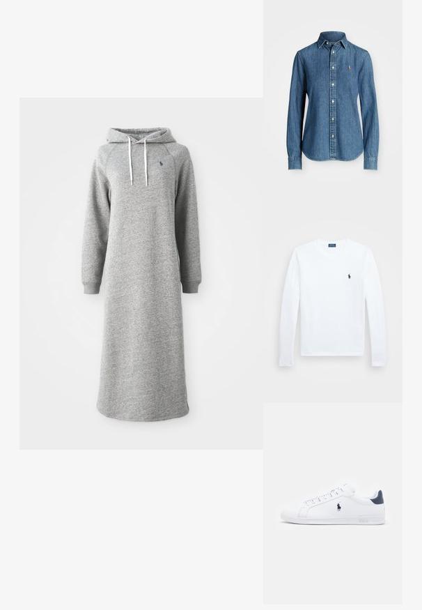 Grå hettekjole laget av mykt stoff, med lang design, lange ermer og kengurulomme. Dekorative hvite snorer ved hetten.; Hvit langermet skjorte, i bomullsmateriale, med rund hals, som har en liten marineblå logo på venstre bryst. Enkelt design, vanlig passform.; Denimskjorte i mellomblå, langermet, med knapp-down krage og logo på brystet. Har buet kant og vanlig passform.; Hvite lær sneakers med en glatt overflate, marineblå detaljer og en liten logo på siden. Har flate lisser og strukturet gummisåle.
