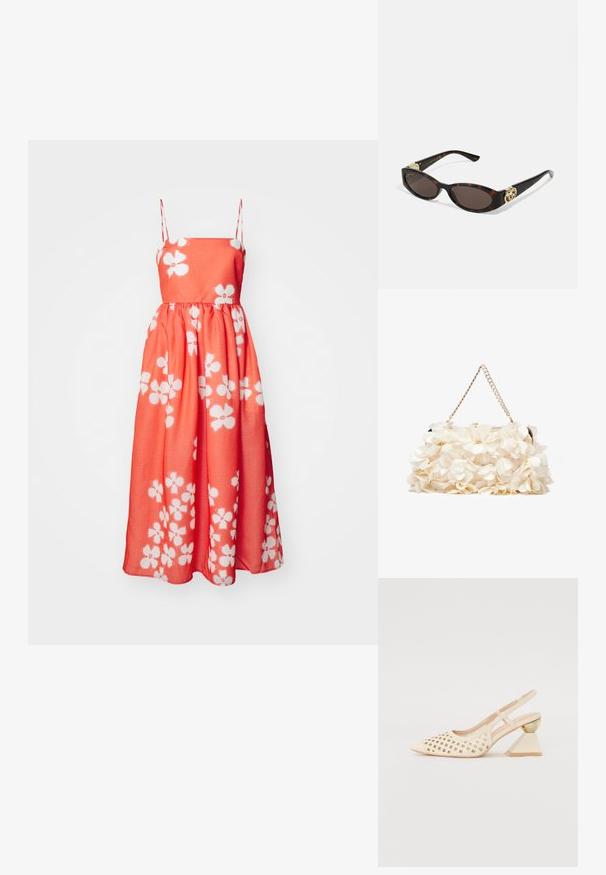 Maxi šaty v korálové barvě s bílým květinovým vzorem, s tenkými ramínky, nařaseným pasem a hladkým, lehkým materiálem.; Krémové nazouvací boty s perforovaným svrškem, špičatou špičkou a kontrastním trojúhelníkovým podpatkem s zlatým akcentem. Celkově hladký povrch.; Brýle sluneční s kočičím vzorem, prodloužené oválné čočky, hnědý odstín, zlaté logo na spáncích a elegantní černé nožičky.; Bílá květinová kabelka s nabraným textilním povrchem, řetízkovým popruhem ve zlatém tónu a kovovým zámkem. Disponuje texturovanými okvětními lístky pro větší detail.