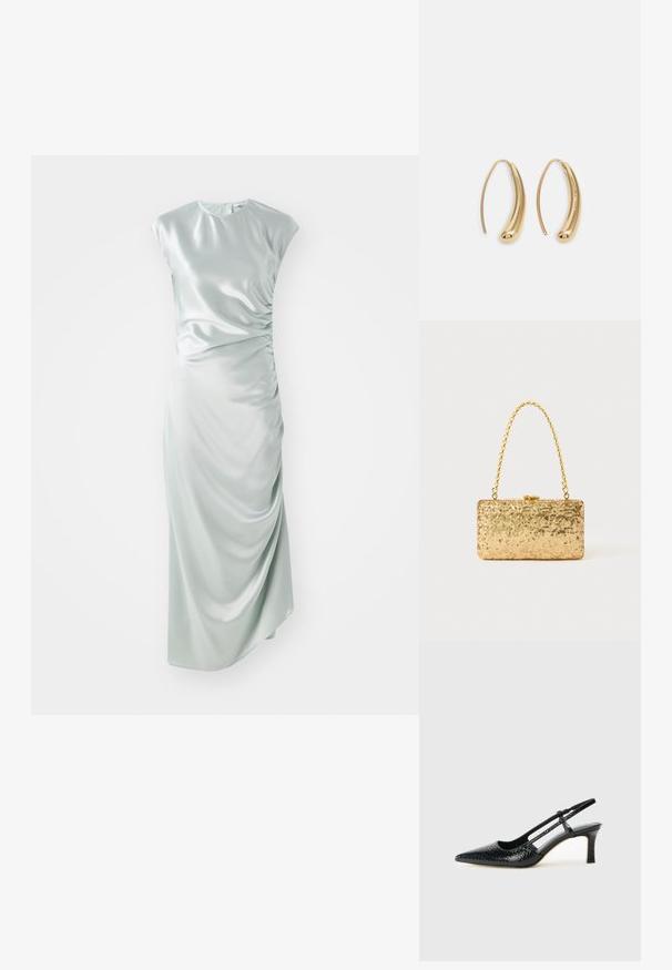 Rochie midi din satin de culoare verde deschis, cu mâneci scurte, decolteu rotund, detalii cu pliere laterală și o siluetă ajustată.; Pantofi cu toc slingback negri din patent, cu vârf ascuțit, cu imprimeu de șarpe texturat, curea ajustabilă și toc scurt texturat.; Clutch din paiete aurii, cu o formă rectangulară, având un mâner din lanț croit și o închidere cu clapetă metalică, reflectând lumina cu un finisaj texturat.; Cercei din metal auriu, cu un design curbat și alungit. Au o suprafață netedă și strălucitoare, cu un vârf rotunjit pentru un detaliu suplimentar.