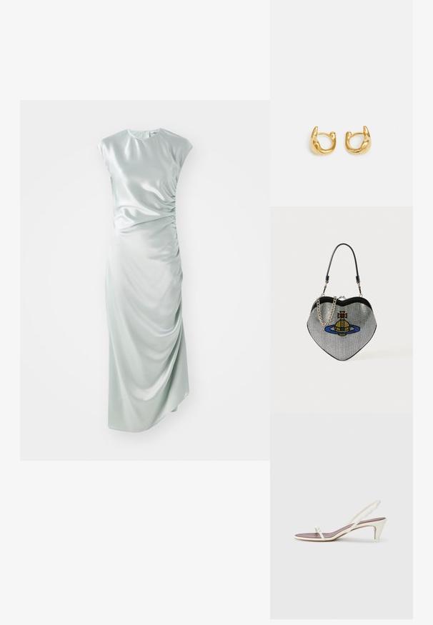 Sukienka midi z satyny w jasnozielonym kolorze, z krótkimi rękawami, okrągłym dekoltem, bocznymi marszczeniami oraz dopasowaną sylwetką.; Białe sandały na koturnie z cienkimi paskami i gładką skórzaną fakturą; zawierają małą dekoracyjną klamrę.; Torebka w kształcie serca wykonana z siateczki o metalicznym wykończeniu, z motywem kota i planety w kolorach niebieskim, żółtym i czerwonym. Zawiera łańcuszek.; Złote kolczyki w kształcie hoop charakteryzujące się gładkim, zaokrąglonym wzornictwem z połyskliwym wykończeniem. Kolczyki mają kompaktowy, masywny kształt oraz bezszwowy zamek.