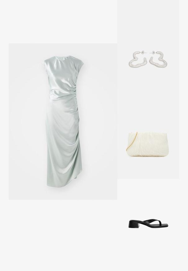 Világoszöld selyem midi ruha, rövid ujjakkal, kerek nyakkivágással, oldalsó ráncolással és testhez simuló fazonnal.; Fekete bőr magassarkú szandál thong pántos dizájnnal, négyzetes orral és alacsony tömbsarkal rendelkezik. Simább tekstúra, minimális stílussal.; Fehér, textúrált kistáska gyűrött dizájnnal, arany lánc pánttal. Simító felület finom hullámokkal és lekerekített élekkel.; Ezüst színű fülbevalók, hullámos, absztrakt dizájnnal, apró, csillogó kristályokkal díszítve. Biztonságos, patentos záródás.