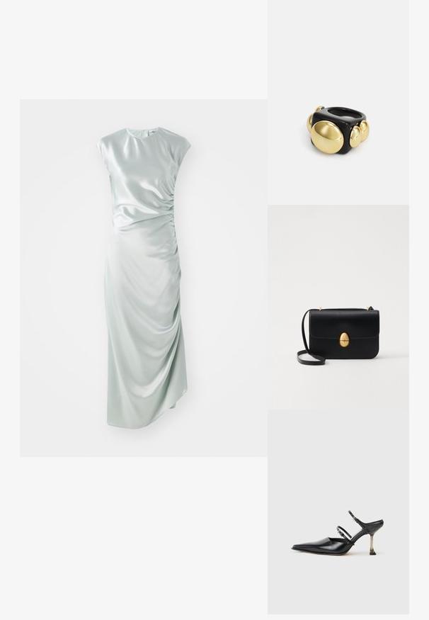 Satiinist midi kleit helesinises, millel on lühikesed varrukad, ümar kaelus, külgedel kogumise detail ja figuuri järgiv siluett.; Must musta otsaga slingback kingad kahe reguleeritava rihmaga ja metallist kontsaga. Sujuv tekstuur ja minimalistlik disain.; Must kase nahast käekott, millel on struktureeritud ristkülikukujuline kuju. Omab kuldset ovaalset lukku ja õhukest õlavarre rihma. Sile tekstuur.; La Manso SQUARE - Sõrmus - black