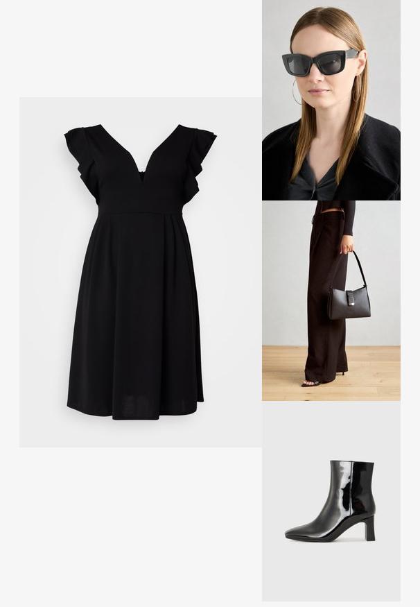 Melnas kleitas ar V-veida kakla izgriezumu, kroku īsām piedurknēm un izplestu siluetu. Izgatavota no mīksta auduma, ar smalku tekstūru un rāvējslēdzēja detaļu.; Melnas patentētas ādas potīšu zābaki ar norādītu pirkstu un vidēja augstuma kvadrātveida papēdi. Gluda tekstūra un minimālisma dizains.; Melna kaķa acs saulesbrilles ar tumšiem objektīviem, bieziem rāmjiem un smalkiem akcentiem. Valkātas ar melnu mēteļi un pelēku augšu, ar garām taisnām matiem.; Melnā somiņa ar strukturētu formu, gludu tekstūru un metālu sprādzi. Saskaņota ar platām melnām biksēm un sandālēm ar atvērtu purngalu uz koka grīdas.