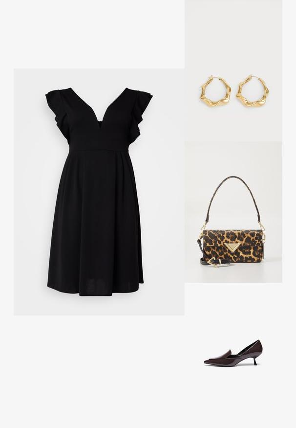 Abito nero con scollo a V, maniche corte arricciate e silhouette svasata. Realizzato in tessuto morbido, presenta una texture sottile e un dettagli con zip.; Décolleté a punta in pelle verniciata marrone scuro con tacco stiletto basso e silhouette slanciata, caratterizzate da un vamp leggermente rialzato.; Borsa a tracolla con stampa leopardata in ecopelle testurizzata, dotata di un accentuato triangolare in tonalità oro e una tracolla removibile.; Orecchini a cerchio in oro con un design ondulato e testurizzato. Presentano una chiusura a filo sottile e una superficie lucida e riflettente.