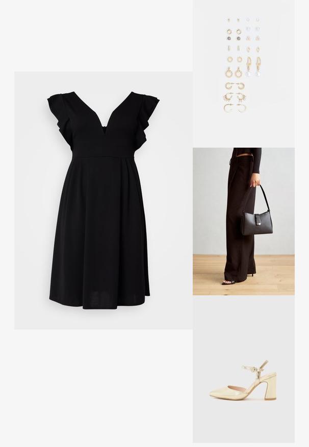 Rochie neagră cu decolteu în V, mâneci scurte cu volane și o siluetă evazată. Fabricată dintr-un material moale, cu o textură subtilă și detalii cu fermoar.; Pantof metalic auriu cu toc, varf ascutit, curea pentru glezna cu un sistem de prindere circular si un design cu toc chunky. Textura neteda.; Genți negre cu o formă structurată, textură netedă și un închizător metalic. Asortată cu pantaloni negri largi și sandale cu vârf deschis pe un podea din lemn.; Set de cercei aurii, cu diverse designuri, inclusiv cercei tip stud, cercei hoop și cercei lungi cu perle și strassuri.