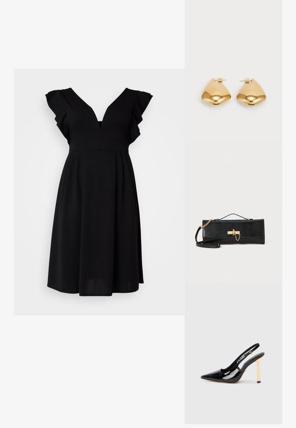 Čierne šaty s výstrihom do V, volánovými krátkymi rukávmi a rozšírenou siluetou. Vyrobené z mäkkého materiálu, so subtilnou textúrou a zipsovým detailom.; Čierna lakovaná kožená slingback obuv na vysokom podpätku s špicatou špičkou a zlatým štvorcovým akcentom na podpätku. Obsahuje nastaviteľný remienok na členku.; Čierna listová kabelka s textúrovaným povrchom, zlatým reťazovým popruhom a uzáverom na klip. Obdĺžnikový tvar s elegantným a minimalisticým dizajnom.; Náušnice z kovu v zlatej farbe s hladkým, zaobleným trojuholníkovým tvarom a dizajnom na zapichovanie; reflexný povrch s minimálnymi detailmi.