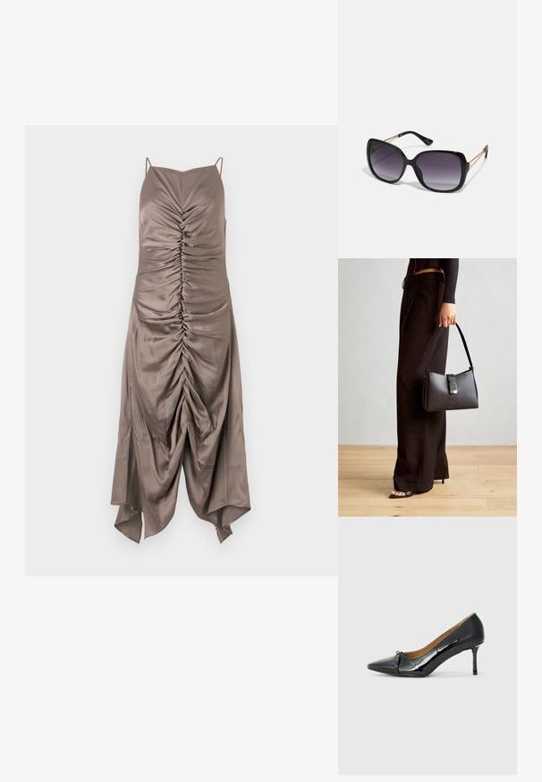 Pruun satiinkleit õhukeste rihmadega, millel on ees volditud üksikasjad ja kõrge-madal hem, sile tekstuur ning liibuv kuju.; Must musta korkeakorkoiset kengät läpikuultavasta mustasta mokasta, joissa on teräväpäinen kärki, koristeellinen nauha edessä ja ohut stilettokorko.; Mustad ümarad päikeseglaasid, millel on gradient objektiivid, paksud raamid ja kuldse tooni kettaga kaunistused tempelitel.; Must musta kott, millel on struktureeritud kuju, sile tekstuur ja metallist klamber. Kombineeritud laiate mustade pükstega ja avatud varvaste sandaalidega puidust põrandal.