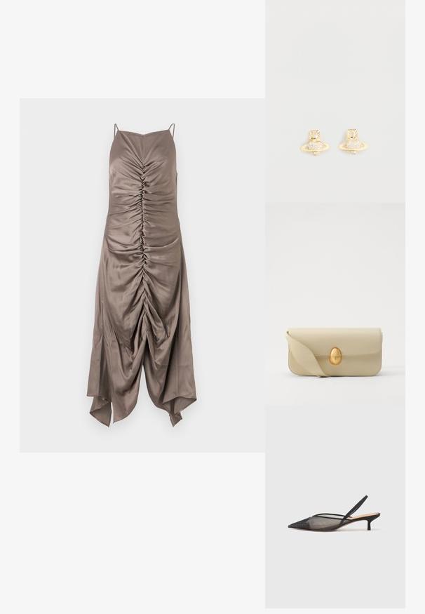 Abito in satin marrone con spalline sottili, caratterizzato da dettagli arricciati nella parte anteriore e un orlo asimmetrico, texture liscia e forma aderente.; NEOUS IRENA - Decolleté - black; Borsa a tracolla in pelle beige con una superficie liscia, forma rettangolare e una chiusura ovale dorata. Dotata di una lunga tracolla regolabile.; Orecchini a moneta in tono oro con design di Saturno, caratterizzati da una fascia testurizzata e cristalli circolari incastonati per un tocco di brillantezza in più.