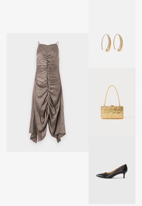 Vestido de seda castanho com alças finas, apresentando detalhes franzidos na parte da frente e uma bainha assimétrica, textura suave e um corte ajustado.; Sapato de salto alto em pele preta com bico fino, salto baixo e textura suave. Apresenta uma ligeira abertura na parte da frente e mínima ferragem na parte de trás.; Clutch dourada em lantejoulas com formato retangular, apresentando uma alça de corrente torcida e um fecho de metal, refletindo a luz com um acabamento texturizado.; Brincos em metal dourado com forma de arco alongado e curvado. Apresentam uma superfície lisa e brilhante, com uma ponta arredondada para um detalhe adicional.