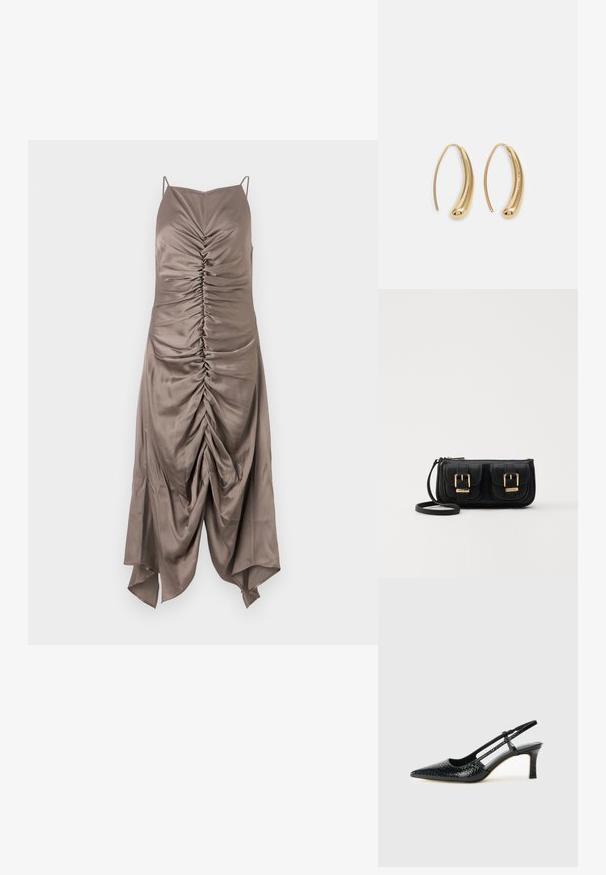 Barna selyemruha spagetti pántokkal, elöl gyűrt részletezéssel és magas-lábú szegéllyel, sima textúrával és testhezálló fazonnal.; Fekete lakk slingback sarok, hegyes orral, texturált kígyómintával, állítható pánttal és rövid, texturált tömbsarkal.; Fekete bőr keresztbody táska két elülső zsebbel, arany csattokkal, cipzáras záródással és vékony pánttal. Textúrált felület és kompakt téglalap alak.; Aranyszínű fémből készült karika fülbevalók ívelt, hosszúkás formával. Simaságával és fényes felületével, valamint lekerekített végével további részletekkel bővül.