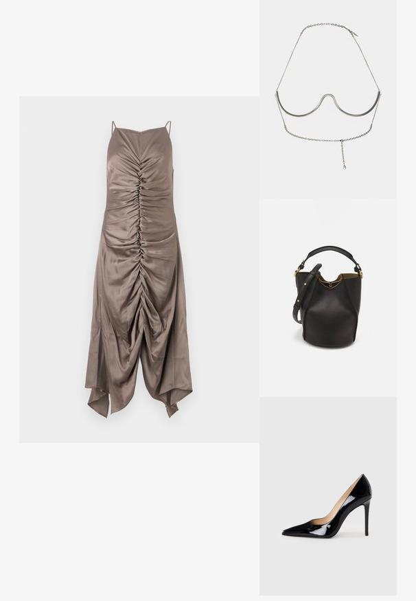 Pruun satiinkleit õhukeste rihmadega, millel on ees volditud üksikasjad ja kõrge-madal hem, sile tekstuur ning liibuv kuju.; Must matte musta kõrge kontsaga king, millel on terav varvas ja sujuv siluett. Omab sileda, läikivat viimistlust ja sale stiletto konts.; Mustast nahkämbriga kott tekstuurses viimistluses, kuldsete metalldetailide aktsentidega ja avatud ülaosaga. Omab lühikest käepidet ja reguleeritavat õlavarre rihma.; Cult Gaia ASHA BODY JEWELRY - Muu aksessuaar - bright shiny silver-coloured