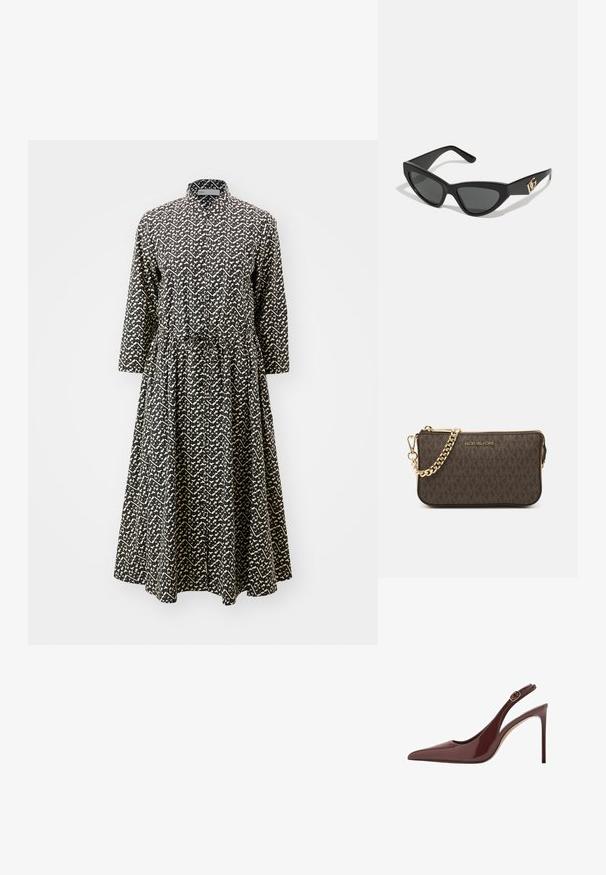 Robe à motifs noir et blanc avec des manches longues, un col haut, une taille cintrée et une jupe fluide. Fabriquée en tissu léger.; Escarpin à talon aiguille en cuir verni marron foncé, à bout pointu, avec une bride réglable et une fine semelle.; Lunettes de soleil en œil de chat avec une monture en plastique noir mat, des verres foncés et un accent en or avec le logo sur la branche. Design angulaire et texture lisse.; Sac en cuir brun à bandoulière avec motif logo, bandoulière en chaîne dorée, fermeture éclair et accents de quincaillerie dorée. Forme compacte et rectangulaire.