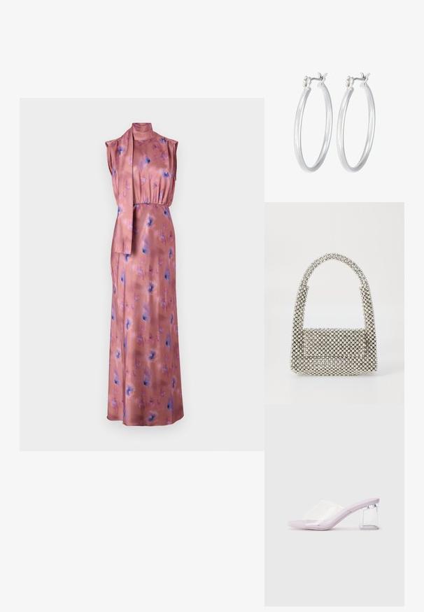 Dlhé, bezrukávové šaty z jemného ružového saténu s kvetinovými vzormi v modrej a fialovej farbe. Majú vysoký golier a viazaný tylový akcent v pase.; Fialové podpätky s otvorenou špičkou, jasnou plastovou vrchnou časťou a priehľadným blokovým podpätkom. Hladká textúra, minimalistický tvar.; Strieborná kabelka s korálkami a zakrivenou rukoväťou, obdĺžnikového tvaru, pokrytá reflexnými drahokamami, so záklopkou na prednej strane.; Strieborné kruhové náušnice s hladkým, lesklým povrchom. Kolový tvar a bezpečné klikanie na uzatváranie. Ľahký dizajn vhodný na každodenné nosenie.