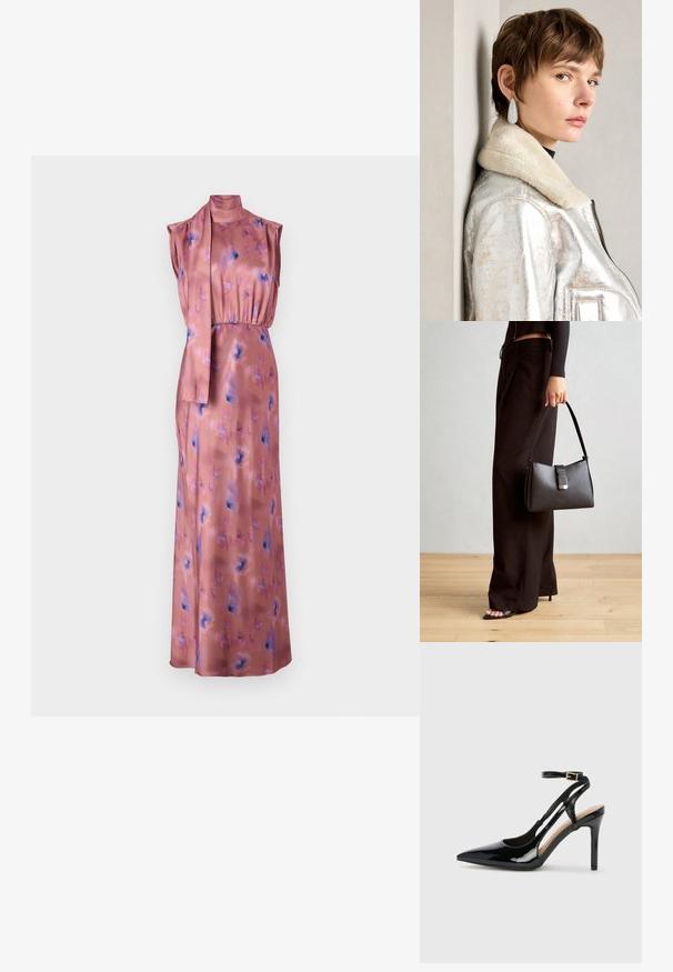 Lang, ermøtt kjole i myk rosa sateng med blomster mønster i blått og lilla. Har høyt hals og en knyttet stoffdetalj i midjen.; Svart lakkert høye hæler med åpen bakside og spiss tå, justerbar ankelrem og åpne sider. Jevn tekstur.; Svart håndveske med strukturert form, jevn tekstur og metallisk lås. Kombinert med brede svarte bukser og sandaler med åpen tå på tregulv.; Sølvmetallisk lærjakke med lammeskinnskrage, med glidelås og strukturert overflate. Store dråpeformede øredobber med klare edelstener.
