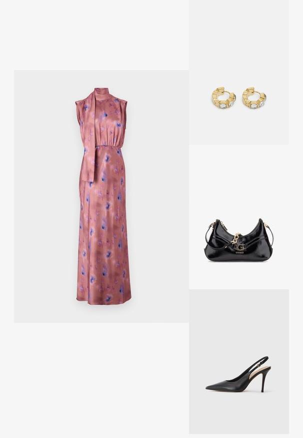 Lang, mouwloos jurkje van zacht roze satijn met bloemenpatronen in blauw en paars. Heeft een hoge hals en een vastgebonden stofaccent bij de taille.; Zwarte lederen slingback hakken met een puntige neus, een gladde textuur en een delicaat bandje met een metalen gesp.; Zwarte lakleren tas met een gebogen ontwerp, gouden hardware accenten en een prominent logo. Inclusief een afneembare schouderriem.; Gouden creolen met een getextureerd ontwerp en drie heldere kristalaccenten aan één zijde, wat een moderne geometrische esthetiek biedt.