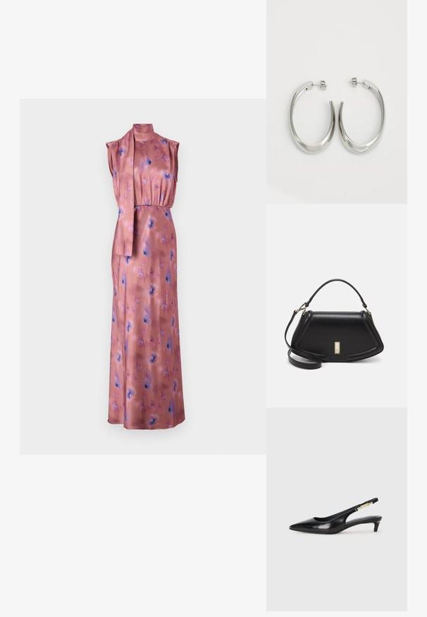Long, sleeveless dress in soft pink satin with floral patterns in blue and purple. Features a high neck and a tied fabric accent at the waist.; Black leather slingback heels with a pointed toe, featuring a slim heel and a gold-tone accent on the adjustable strap. Smooth texture.; Black leather handbag with a structured design, featuring a cropped shape, top handle, and gold hardware accent. Adjustable shoulder strap included.; Silver hoop earrings with a smooth, curved design. Features a shiny metallic finish and stud closure. No visible patterns or accents.