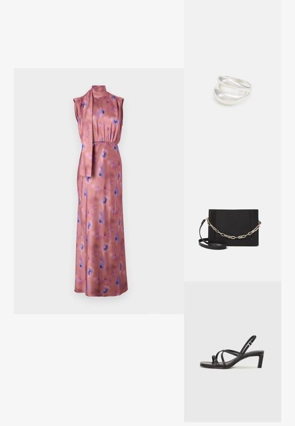 Ilga be Rankovių suknelė iš švelnaus rožinio satino su gėlių raštais mėlynos ir violetinės spalvos. Suknelė turi aukštą kaklą ir audinio akcentą, kuris yra surištas juosmenyje.; Juodi šlepetės su kvadratiniu pirštu ir žemu bloku kulnu. Yra keli ploni dirželiai ir reguliuojamas kulkšnies diržas. Pagaminti iš lygios odos.; Juodas odinis per petį nešiojamas krepšys turi lygų paviršių, stačiakampio formą ir metalinę grandinėlę priekyje. Pridedama reguliuojama dirželis.; Sidabrinis dvigubas žiedas su lygiu, poliruotu paviršiumi. Pasižymi sklandžiu, kreiptu dizainu su persipinančiomis dalimis, suteikiančiomis modernų išvaizdą.