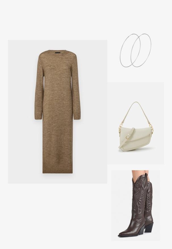 Pikk, figuuri rõhutav pruun kleit, mis on valmistatud pehmest trikotaazist. Kleit on ringkrae ja pikkade varrukatega ning triibulised detailid on mansettidel ja allääres.; Pruunid nahast cowboy saapad terava varbaga ja plokk-kandaga, millel on detailne tikand ja kergelt tõstetud aktsendid varrel.; Väike kreemjas käekott tekstureeritud viimistlusega, pikendatav rihm, ketiläbimõõt ja klapiga sulgemine. Kuldsed metalldetailid.; Hõbedased rõngastikkaehingad minimalistlikus disainis. Ümar kuju, sile tekstuur ja õhuke profiil. Kerged ning poleeritud viimistlusega.